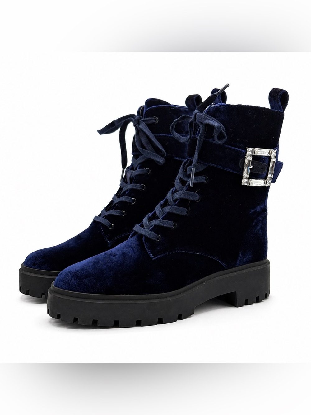 Stuart Weitzman June Velvet Combat Boots Navy Blue Chunky Lug Sole Buckle - Picture 3 of 17